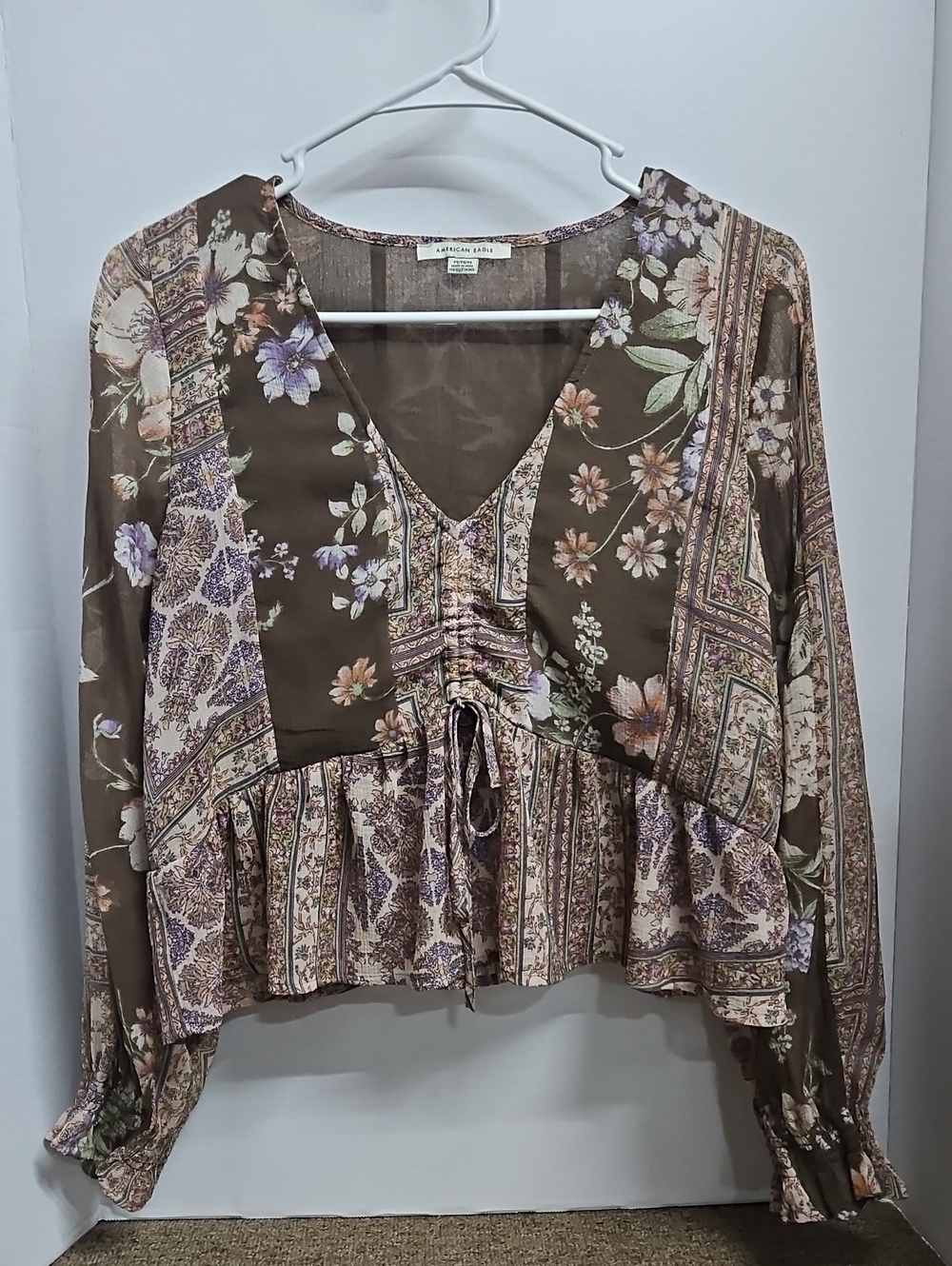 American Eagle Brown Floral Peplum Cropped V-Neck Blouse Sz Med